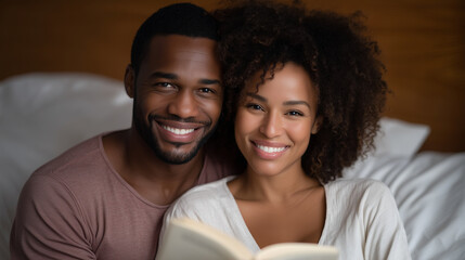 Afro-American couple relaxing together on bed, laughing and enjoying a book and smartphone moment, cozy home atmosphere, authentic joyful bonding happy black couple, reading togeth