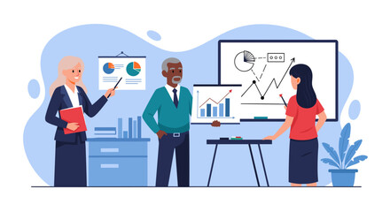 Diverse business professionals collaborate on financial data analysis during a productive team meeting in a modern office environment.