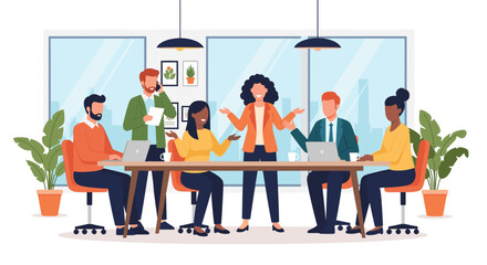 A diverse group of business professionals collaborates in a modern office meeting, showcasing teamwork and corporate discussion in a flat vector illustration.