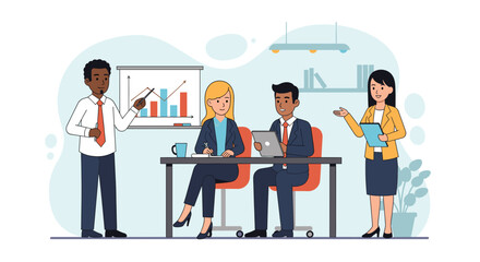 Diverse business professionals collaborate in a modern office, discussing growth strategies during a presentation.