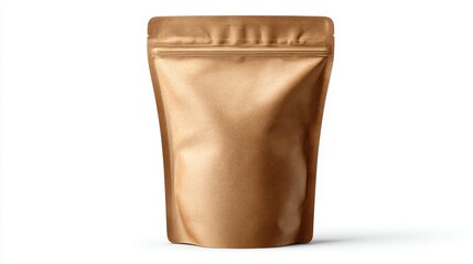 Golden doypack pouch mockup standing upright, displaying packaging design against clean white backdrop, highlighting product branding potential for retail marketing materials