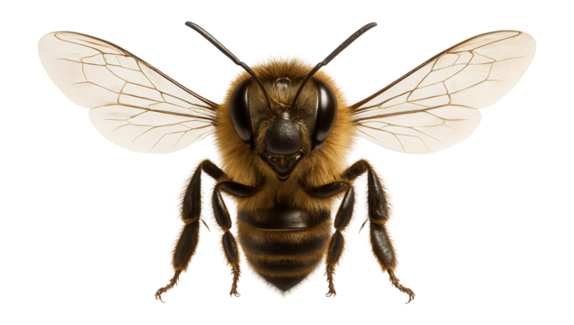 Honeybee with fuzzy thorax and translucent wings