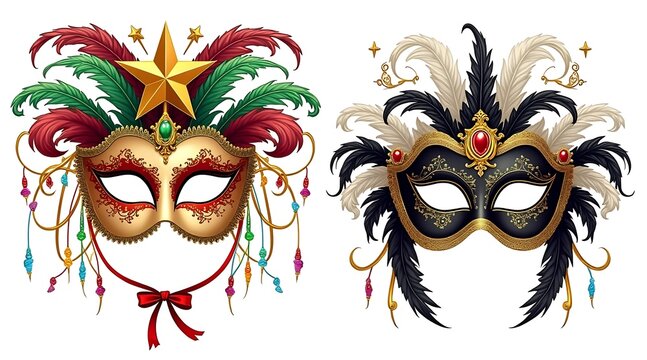 Two ornate Venetian masquerade masks with feathers and jewels decorative