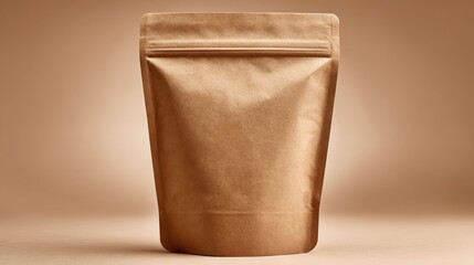 Paper bag mockup resting on neutral brown surface, presenting sustainable packaging design with minimalist aesthetic