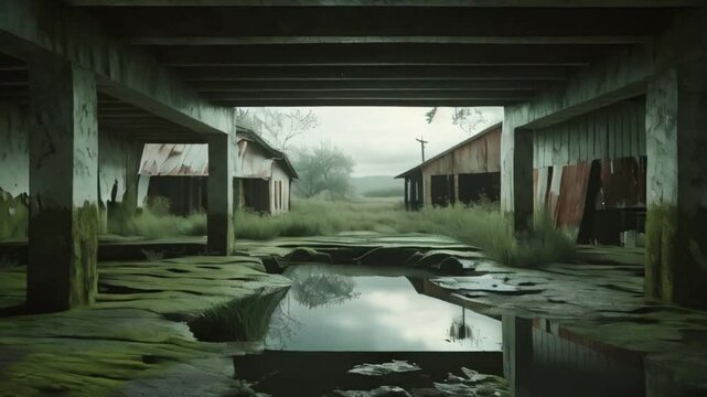 Debris in Abandoned House, Rural Depopulation and Home Decay Moldy Beams in Damp Crawl Space, created with generative ai