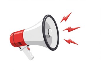 A red and white megaphone emits sound waves in a stylized graphic illustration