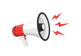 Red and white megaphone broadcasting sound waves with red lightning bolts