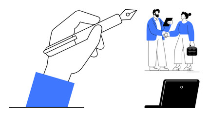 Hand holding a fountain pen writing, a business conversation with colleagues, and a laptop nearby. Ideal for business, communication, collaboration, creativity, professionalism, agreements teamwork