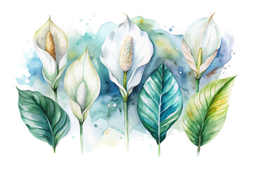 set of watercolor Spathiphyllum Branch vector illustration isolated on white background