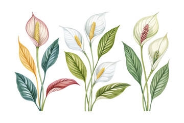 set of watercolor Spathiphyllum Branch vector illustration isolated on white background