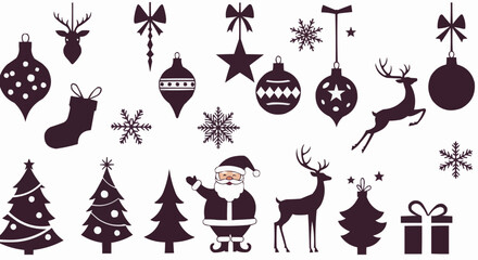 A collection of Christmas ornaments and symbols in silhouette style.