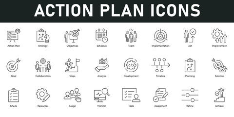Action Plan Icons vector illustration with thin line editable stroke containing strategy, objectives, schedule, teamwork, implement, improve, goal, collaborate, analysis, development, solution, plan © Clerk