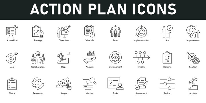 Action Plan Icons vector illustration with thin line editable stroke containing strategy, objectives, schedule, teamwork, implement, improve, goal, collaborate, analysis, development, solution, plan