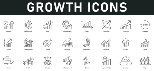 Growth Icons vector illustration with thin line editable stroke containing performance, improvement, chart, progress, evolution, development, target, earnings, success, career, profit, mindset, grow