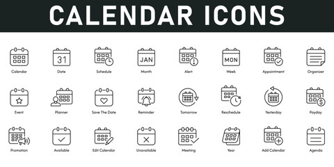 Calendar Icons vector illustration with thin line editable stroke containing date, schedule, month, week, appointment, event, planner, reminder, agenda, meeting, available, year, tomorrow, pay day