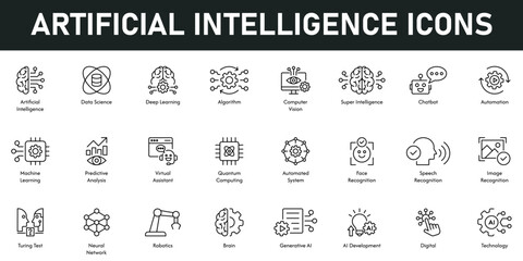 Artificial Intelligence Icons vector illustration with thin line editable stroke containing data science, algorithm, chatbot, automation, machine learning, neural networks, face, image recognition