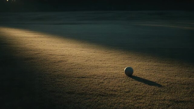 Golf ball on green grass with morning light and long shadow  