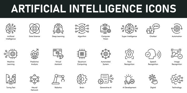 Artificial Intelligence Icons vector illustration with thin line editable stroke containing data science, algorithm, chatbot, automation, machine learning, neural networks, face, image recognition