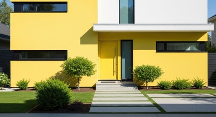 Modern home exterior showcases a vibrant yellow facade, complemented by sleek black window frames and a bright yellow door, creating a striking architectural statement.