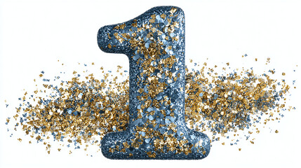 Glittery number "1" birthday candle in blue with golden sparkles, elegant and celebratory, transparent background