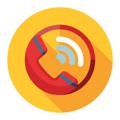 Red telephone handset with wireless signal icon on yellow circle background