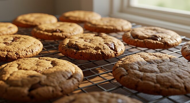 Freshly baked chocolate chip cookies cooling on a wire rack near a window.