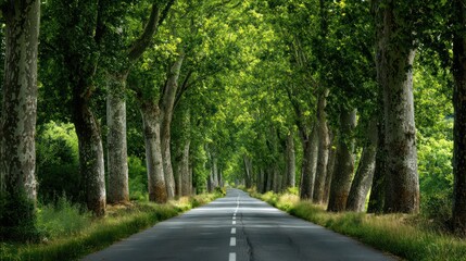 Serene road under canopy of green trees; tranquil, natural, & inviting perspective