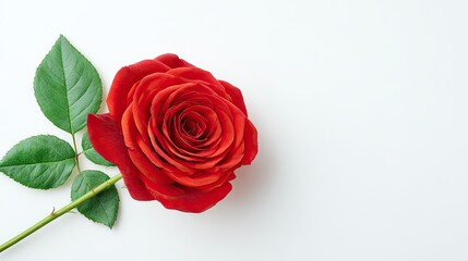 Single red rose on a white background for minimalist wedding invitation or Valentine's Day greeting featuring a clean and elegant design