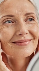 Senior woman gently touching wrinkled face, radiating confidence while celebrating natural aging process and personal life journey