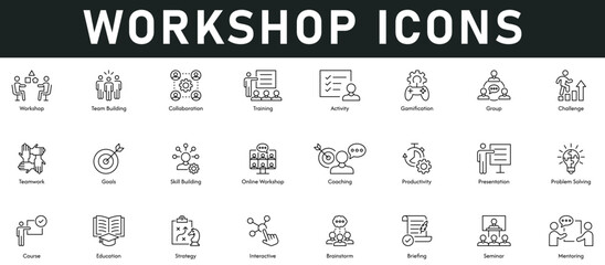 Workshop Icons vector illustration with thin line editable stroke containing team building, teamwork, collaboration, training, group, challenge, goals, productivity, education, strategy, brainstorm