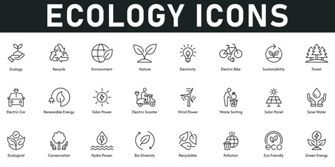 Ecology Icons vector illustration with thin line editable stroke containing recycle, nature, sustainability, electricity, renewable energy, solar power, sav water, conversation, green energy, forest