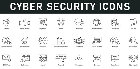 Cyber Security Icons vector illustration with thin line editable stroke containing fingerprint, hacker, technology, secured network, data security, cloud security, encryption, scan, password, firewall