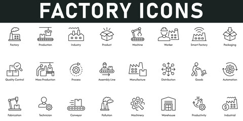 Factory Icons vector illustration with thin line editable stroke containing production, industry, machine, product, smart factory, quality control, assembly line, manufacture, distribution, automation