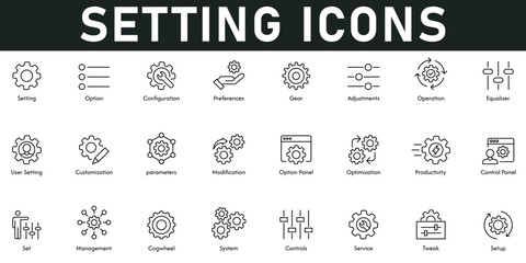 Setting Icons vector illustration with thin line editable stroke containing options, configuration, preferences, adjustment, operation, equalizer, user setting, customization, parameters, modification