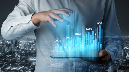 Business bar chart and line graph showing yearly business growth from 2022 to new year 2026, represent data analytics, future 2026 planning, business 2026 trend, and performance analysis 2026 Vouch