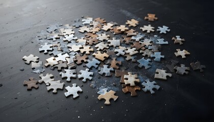 Interlocking Jigsaw Puzzle Pieces on Dark Surface with City Skyline Background