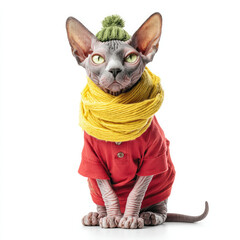 A sphynx cat wearing a green knit hat yellow scarf and a red shirt sitting on a white background