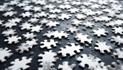 Interlocking Jigsaw Puzzle Pieces on Dark Surface with City Skyline Background