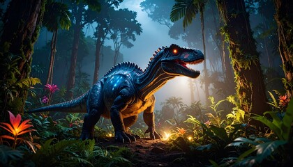 A large, luminous dinosaur stands in a mystical, tropical forest at night
