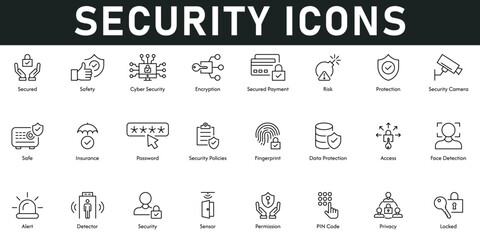 Security Icons vector illustration with thin line editable stroke containing safety, encryption, secured payments, risk, protection, camera, insurance, policies, password, fingerprint, data protection