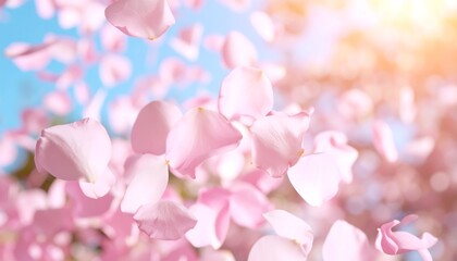 Delicate pink petals floating in the air against a soft blue sky