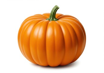 A perfectly ripe orange pumpkin with a green stem on a white background
