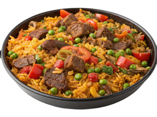 Beef Paella isolated on transparent png background. 