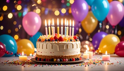 Colorful birthday cake with candles and balloons