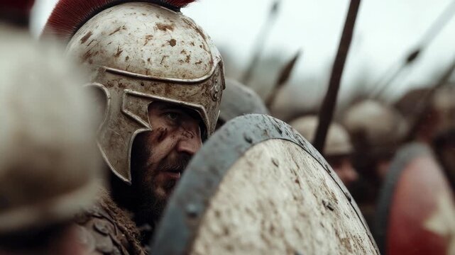 Fearless Spartan: spear clash, shield protection, intense gaze, warrior valor, heroic advance, battle cry, swift strike, ancient might, strategic skill, warrior discipline
