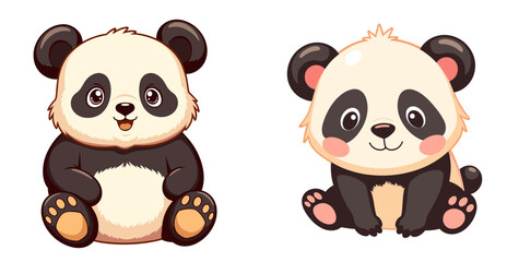 Fototapeta premium Cartoon stuffed panda characters in pastel colors on isolated background 