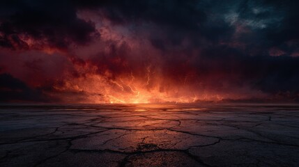 A dramatic cracked desert landscape under a stormy sky with bright lightning illuminating the horizon at sunset.