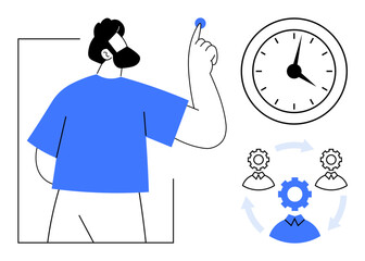 Man holding a small object, clock representing time management, gear with team symbols for workflow, and arrows indicating process. Ideal for productivity, planning, teamwork, efficiency, leadership