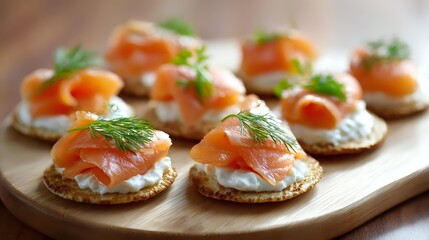 Smoked salmon canapes with cream cheese and fresh dill garnish on crispy crackers arranged on wooden serving board, elegant appetizer for parties.