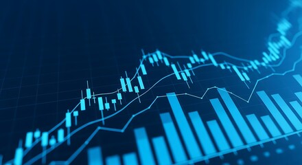 Naklejka premium A blue stock market chart displays financial data and economic trends, illustrating investment opportunities and business analysis
